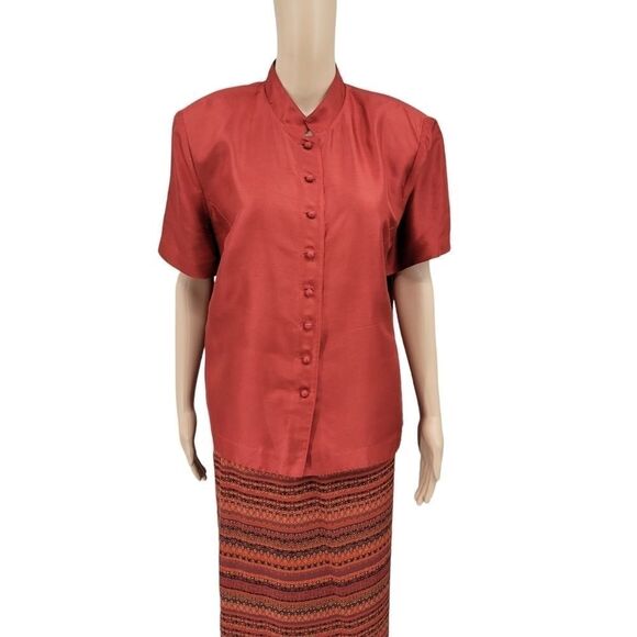 Plaza South Vintage Silk Burnt Rust Orange Maxi Skirt Blouse Matching Set - Picture 7 of 15